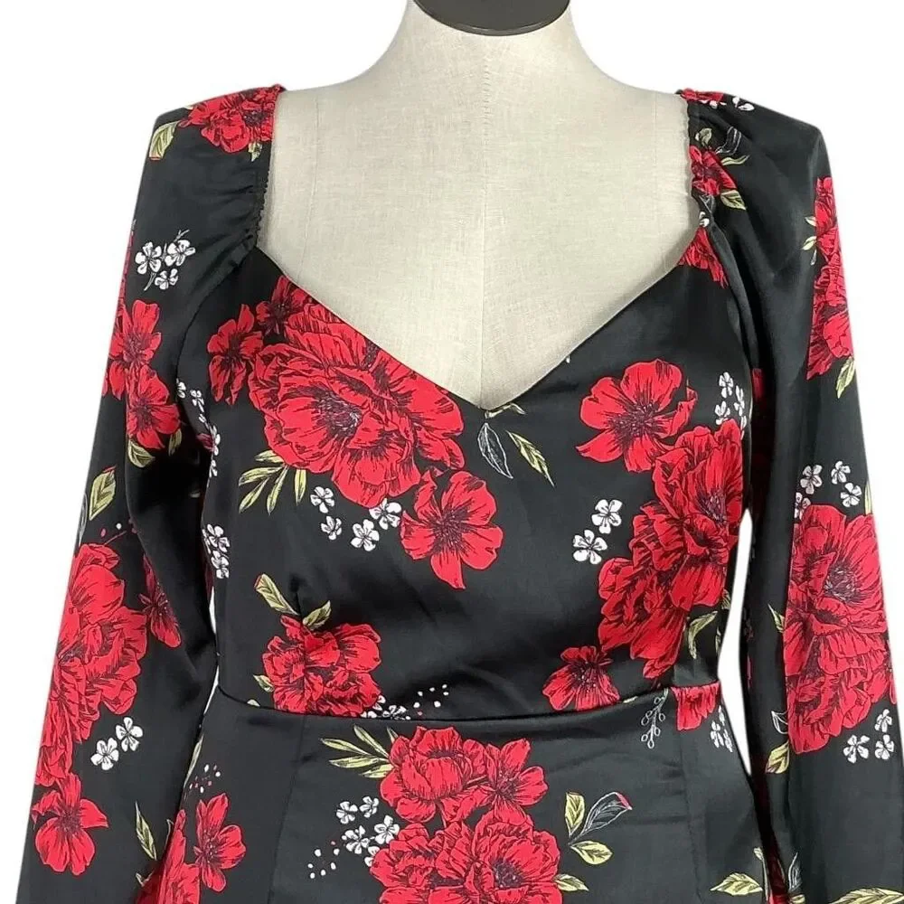 Lulus Mini Dress Women XL Black Red Satin Floral Invitation Long Puff Sleeve - Picture 2 of 7